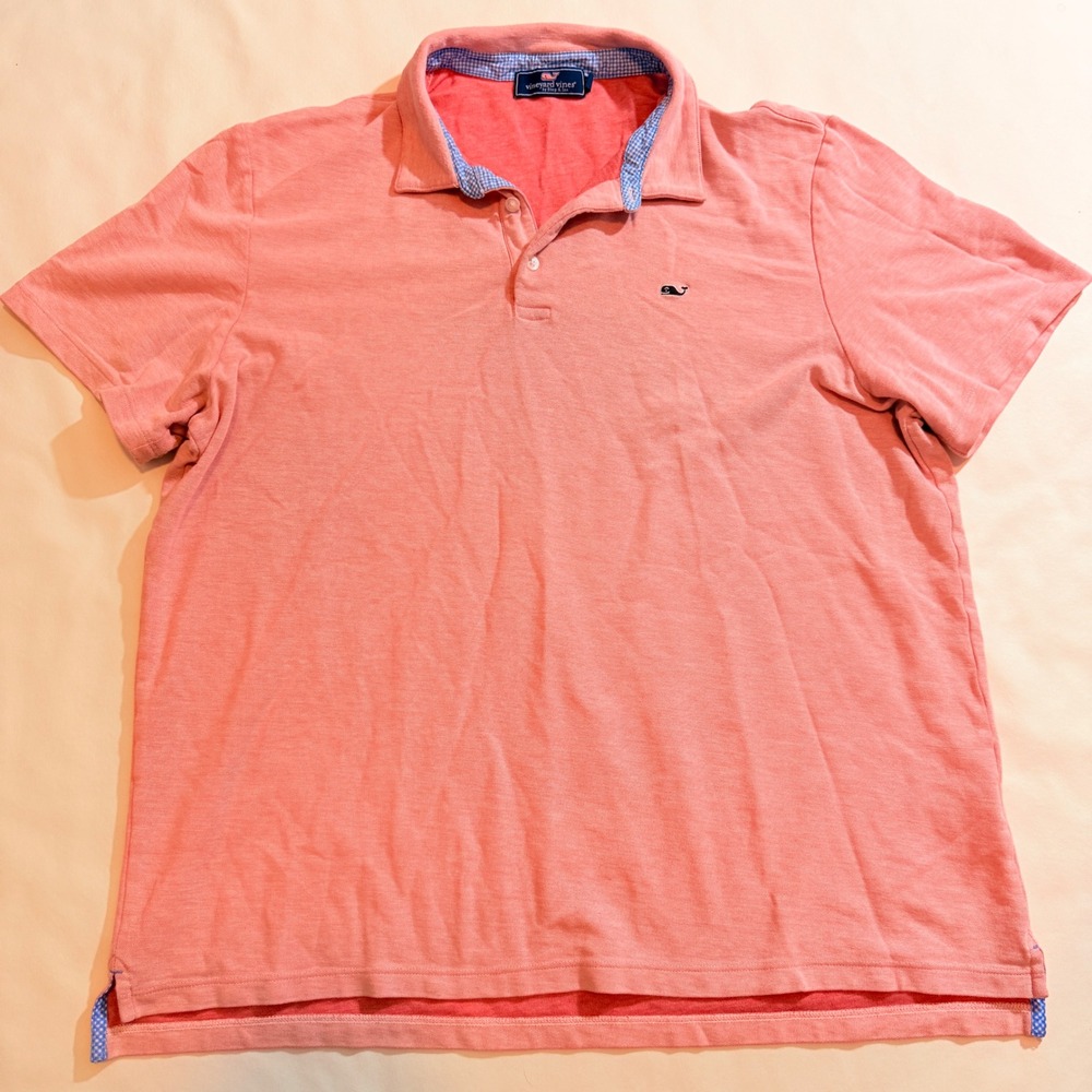 Vineyard Vines Polo Shirt Mens XL Coral Pink Pima Cotton Gingham Trim 2017